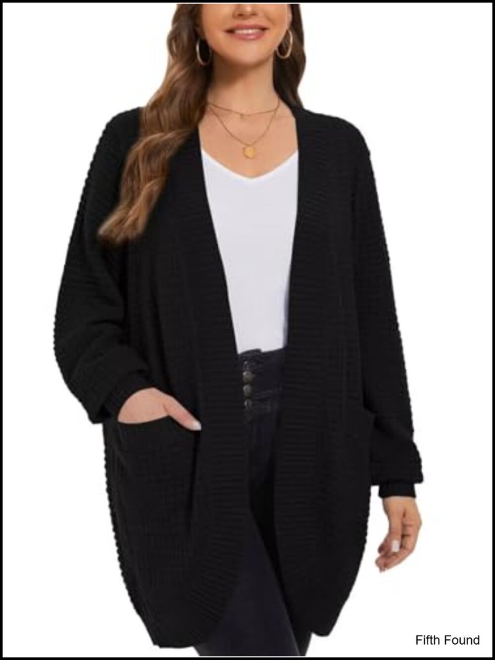 Waffle Knit Open Front Long Cardigan with Pockets Loose Fit